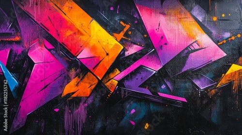 Abstract graffiti art with vibrant splashes of neon colors and chaotic geometric patterns on a textured surface, evoking the spirit of urban expression