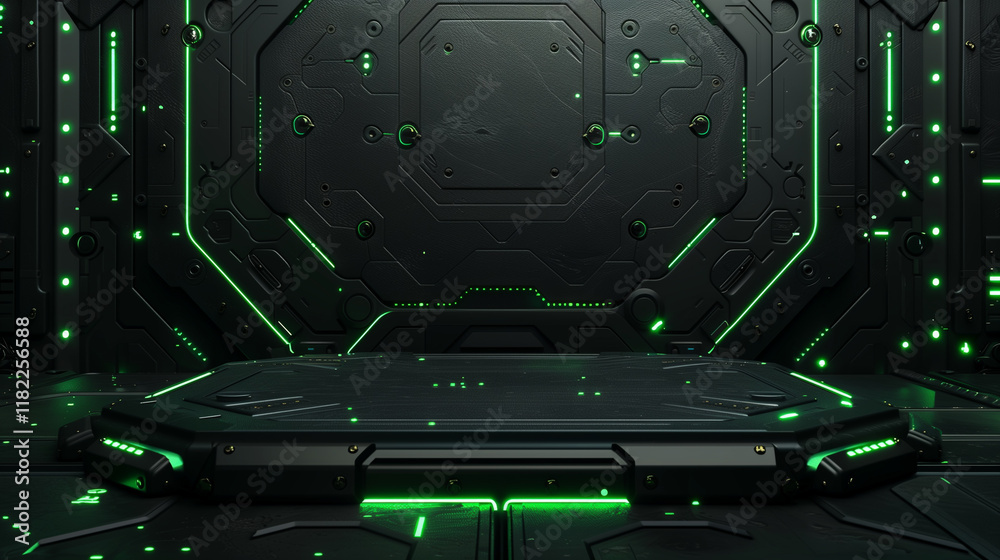 Fototapeta premium Futuristic sci-fi green tech interface podium with glowing green neon lights 