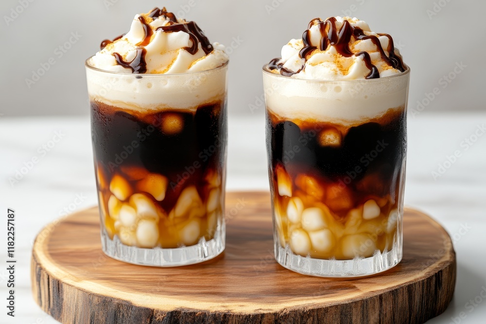 Enjoying delicious tapioca tea desserts topped with cream and chocolate drizzle during a cozy afternoon at home Enjoying delicious tapioca tea desserts topped with cream and chocolate drizzle during a cozy afternoon at home