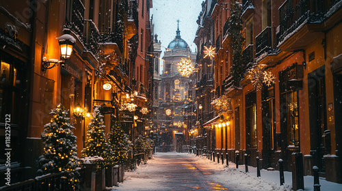 Fototapeta Naklejka Na Ścianę i Meble -  Winter evening in a charming European alley decorated for the holidays with snow and lights