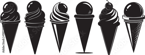 Different styles and shapes of cone ice-cream silhouettes using black color. Vector design on a white background.