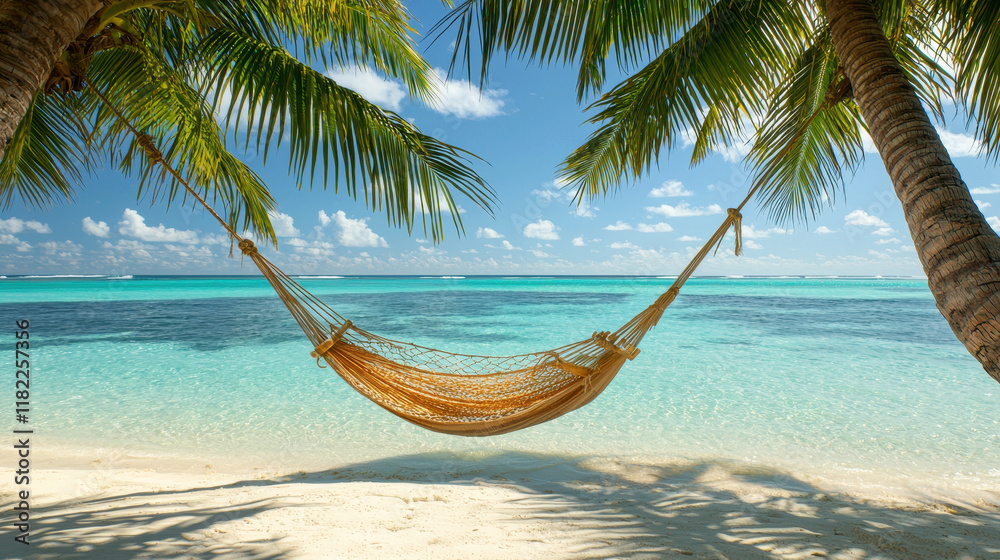 Fototapeta premium serene tropical beach with hammock between palm trees, inviting relaxation