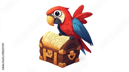 Colorful parrot perched on a treasure chest with a map. photo