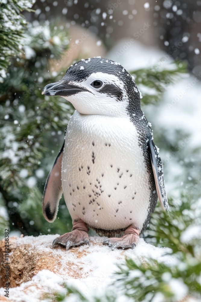 Naklejka premium A penguin stands on a rocky surface surrounded by snow, showcasing its natural habitat.