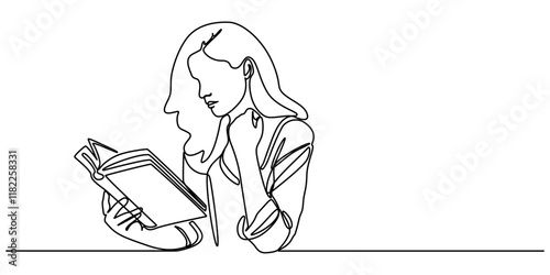 Woman Reading or Studying. Single Line Drawing Style with Editable Stroke, woman focused on reading interesting book continuous one line drawing, Single continuous line drawing happy woman sitting on 