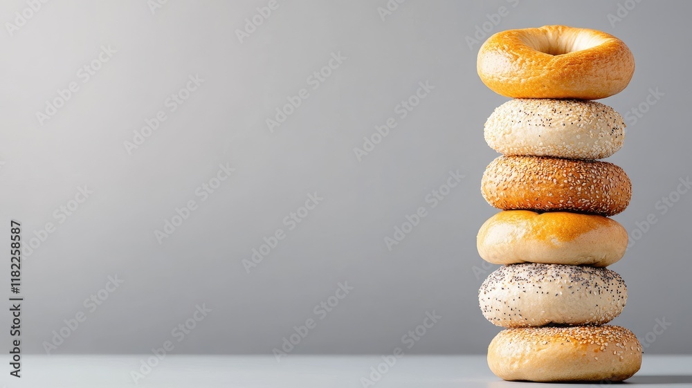 Stack of six assorted bagels against plain background