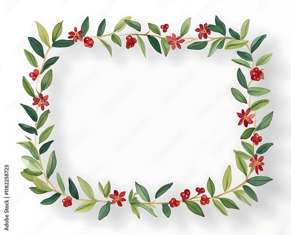 Fototapeta premium A beautiful floral oval frame decorated with leaves, flowers, and barries