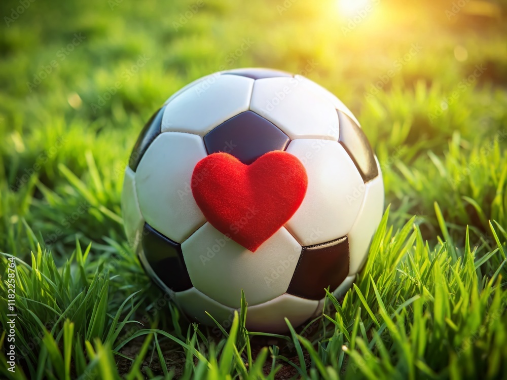 Fototapeta premium Valentine's Day Soccer Ball: Red Heart on Green Grass - Romantic Sports Photo