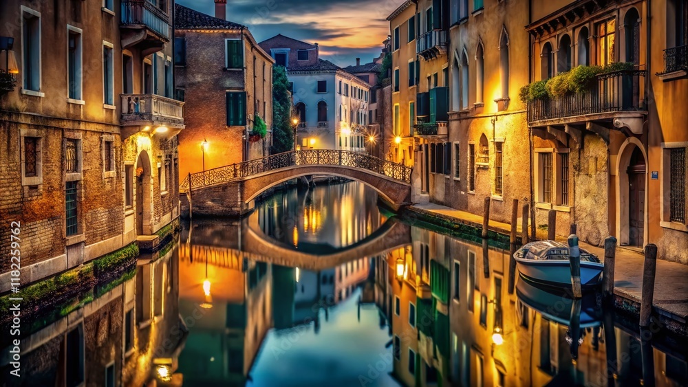 Fototapeta premium Venice Night Reflections: Glowing Canal Shadows & Cityscape