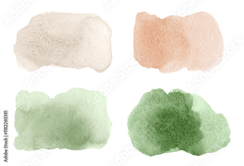 Collection of watercolor hand drawn bright green and beige brush strokes with stains and paper texture photo