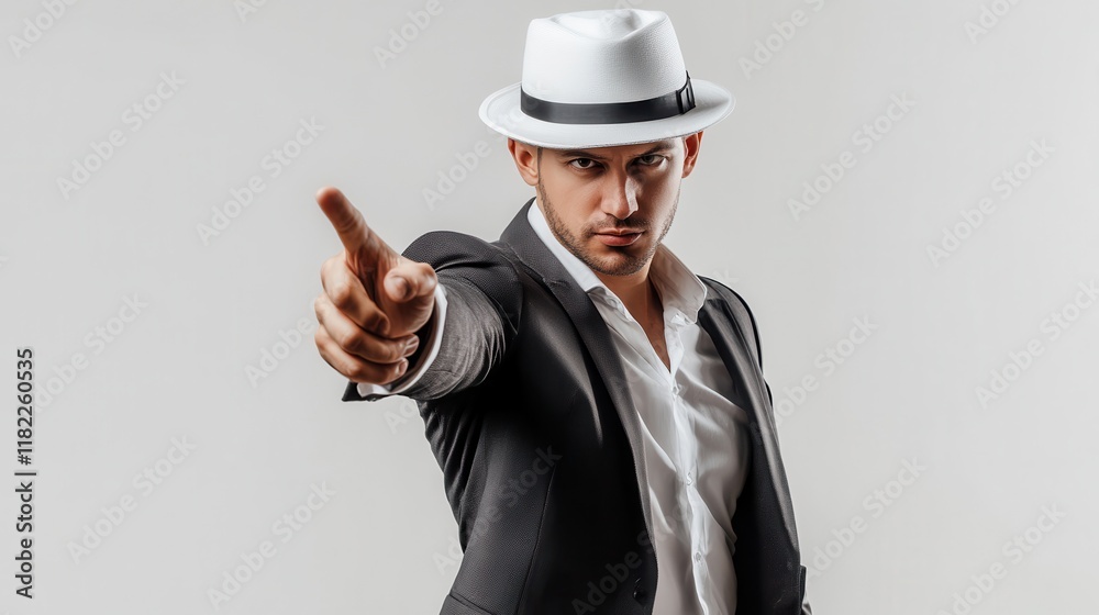 Stylish Man in Hat Pointing Gesture in Studio