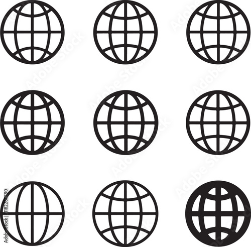 World globe icons set. Earth globe sign. Round and flatten planet symbol. Graphic elements. Vector.