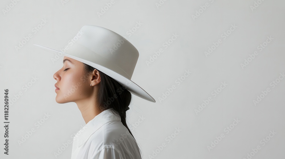 Elegant Woman in White Hat and Blouse Profile View Elegant Woman in White Hat and Blouse Profile View