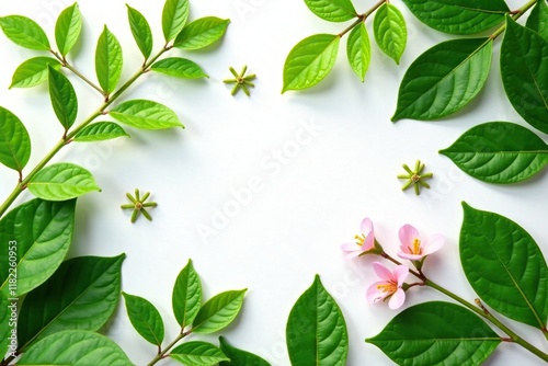 Leafy greens and flowers of Mucuna pruriens on white background, herb, foliage