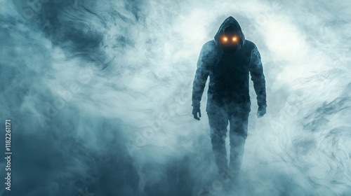 Mysterious hooded figure with glowing eyes emerging from a swirling ethereal mist or fog creating an ominous supernatural and otherworldly atmosphere  The cloaked entity has an enigmatic ghostly photo