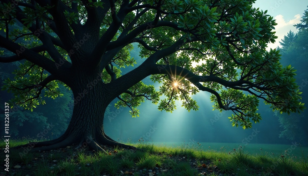 Fototapeta premium Majestic tree branches spread wide in the darkness, trees, foliage, nature landscape