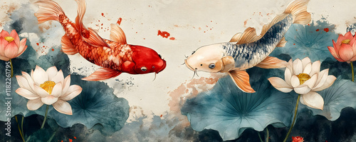 Koi fish pond art print, lotus flowers, Asian watercolor background