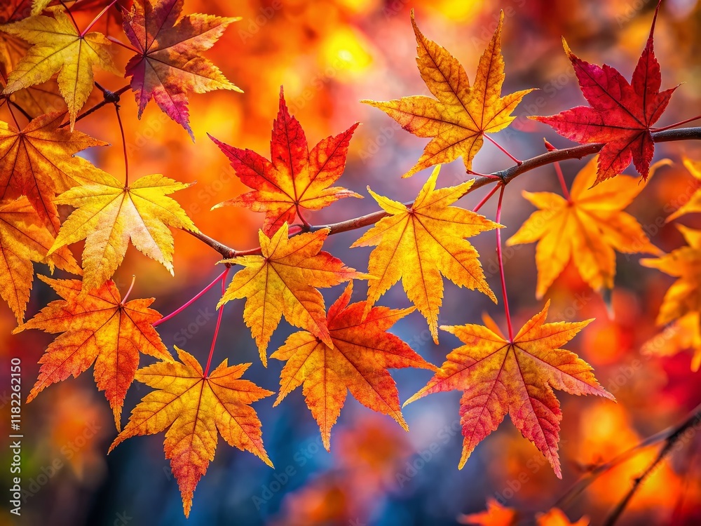Vibrant Autumn Maple Leaves Macro Photography: Close-up Detail of Colorful Fall Foliage Vibrant Autumn Maple Leaves Macro Photography: Close-up Detail of Colorful Fall Foliage