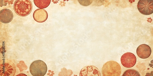 Elegant Asian Inspired Background with Floral and Circular Designs on Antique Paper Texture