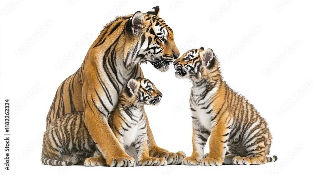 Obraz premium A mother tiger and her two cubs interact, showcasing familial bonds in the wild.
