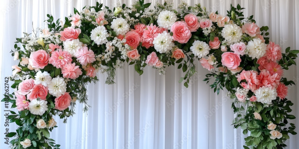 Fototapeta premium A delicate floral hoop with pastel flowers on a vintage wall, creating a romantic and whimsical backdrop, ideal for weddings and maternity photography.