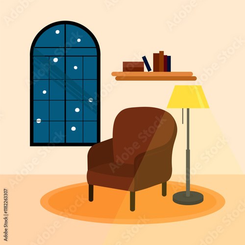 illustration of a warm room in snowy weather, vector