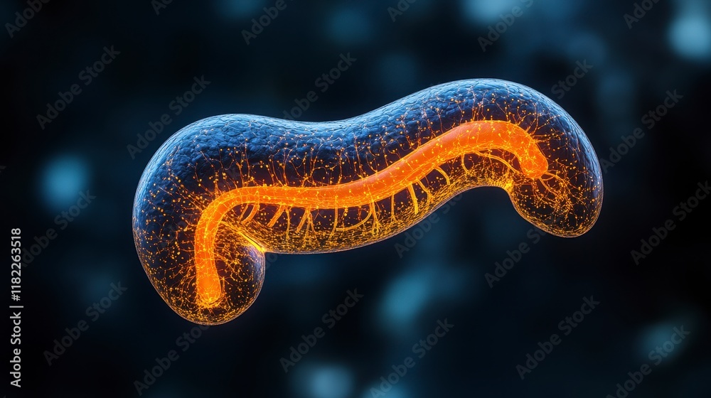 Microscopic view of a glowing organism with internal structures. Microscopic view of a glowing organism with internal structures.