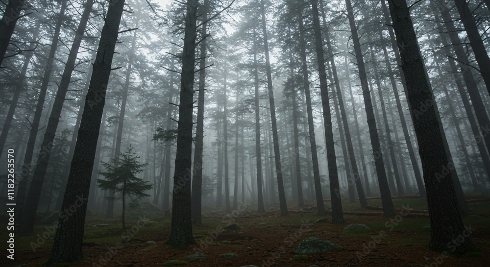 Naklejka premium Misty Forest Path, A winding path through a dense forest, shrouded in a veil of mist, inviting exploration and discovery.
