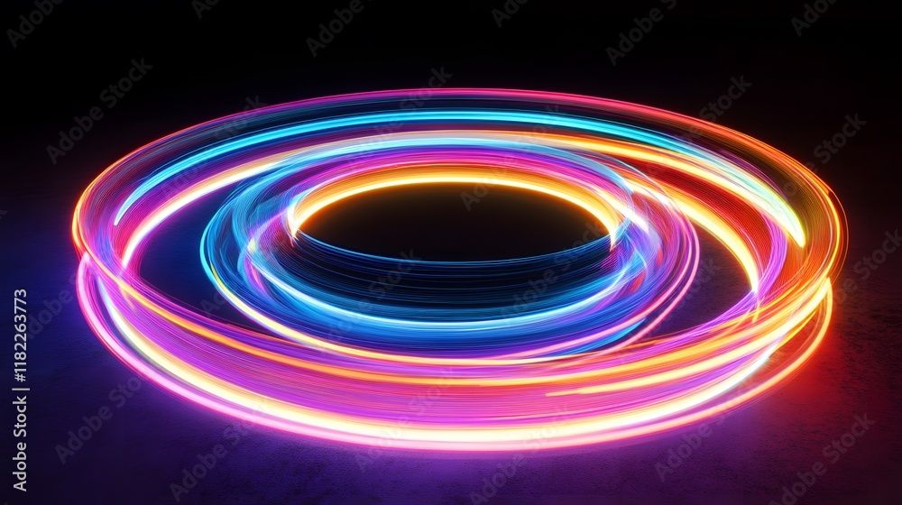 Dynamic light trails in a dark studio abstract art installation colorful circular motion vibrant and energetic atmosphere Dynamic light trails in a dark studio abstract art installation colorful circular motion vibrant and energetic atmosphere
