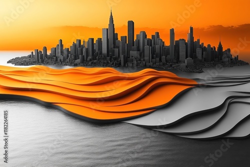 Graphic layout featuring city skyline with abstract wave design in vibrant colors photo