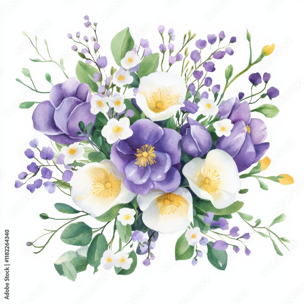 Fototapeta premium Watercolor floral arrangement nature art print vibrant colors close-up botanical beauty, isolated on white background