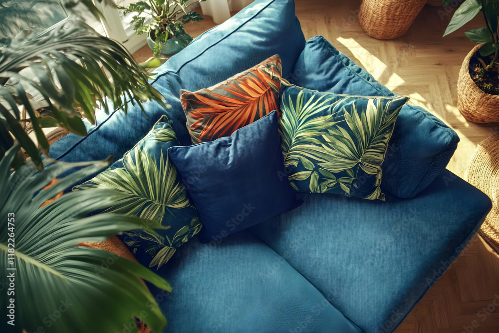 Obraz premium Teal sofa with tropical leaf patterned pillows in sunlit room.