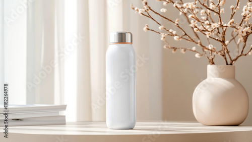 Elegant white water bottle on wooden table next to vase and books