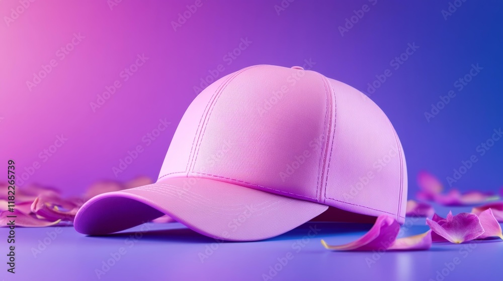 Fototapeta premium Pink Cap Mockup on Lilac Background with Petals. Generative AI