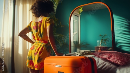Tourist looking out the window while waiting for departure with her luggage