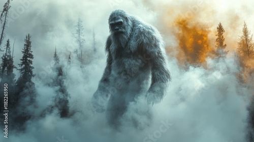 Mysterious Sasquatch Emerging from Misty Forest. Generative AI