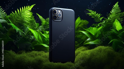 Elegant black phone case displayed in lush green scenery. Generative AI