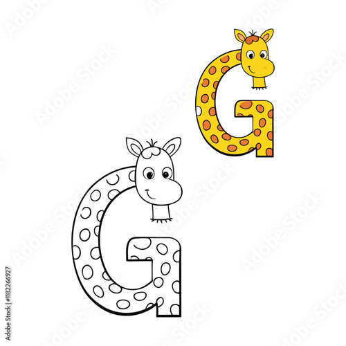 "Fun coloring page featuring the letter 'G' paired with a cute giraffe! Perfect for kids to learn letters while adding vibrant colors to this adorable design."