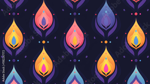 Simple rangoli seamlesspattern vibrant, symmetrical pattern featuring colorful teardrop shapes on a dark background, ideal for textiles or digital designs. Stardrop. Illustration photo