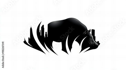 Powerful rhino silhouette against a city skyline.  Monochromatic graphic art. photo