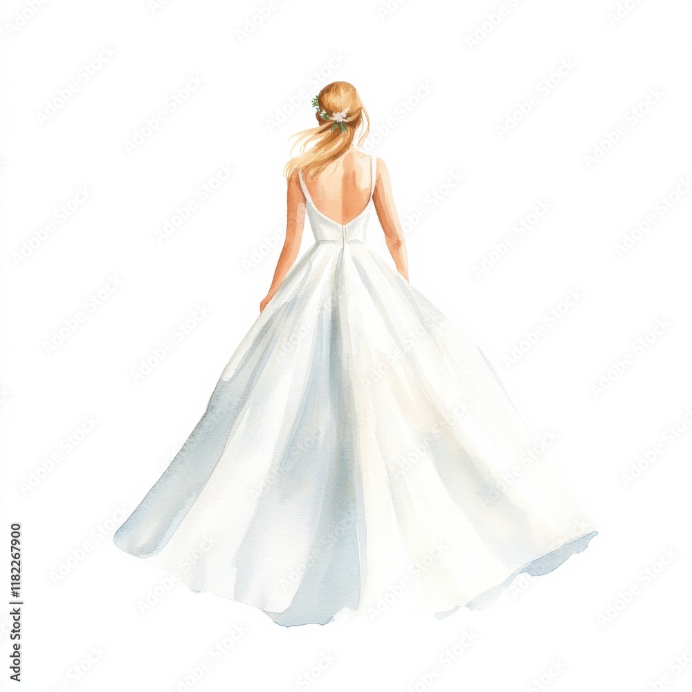 Watercolor wedding dress elegant bride art piece soft palette back view romantic concept, isolated on white background Watercolor wedding dress elegant bride art piece soft palette back view romantic concept, isolated on white background