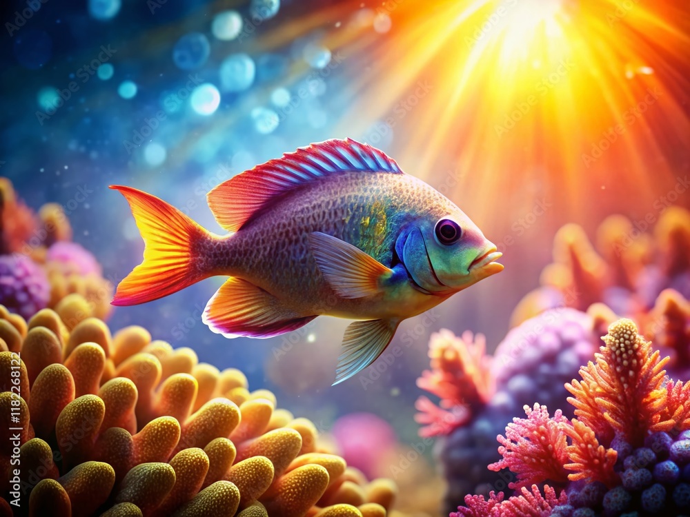 Vibrant Coral Reef with Tiny Sea Creature, Bokeh Background - Stock Photo Vibrant Coral Reef with Tiny Sea Creature, Bokeh Background - Stock Photo