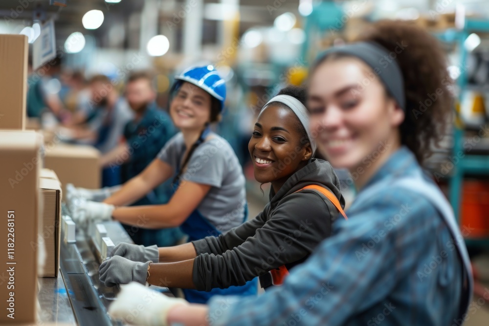 Smiling group of factory workers packaging a product in factory Smiling group of factory workers packaging a product in factory