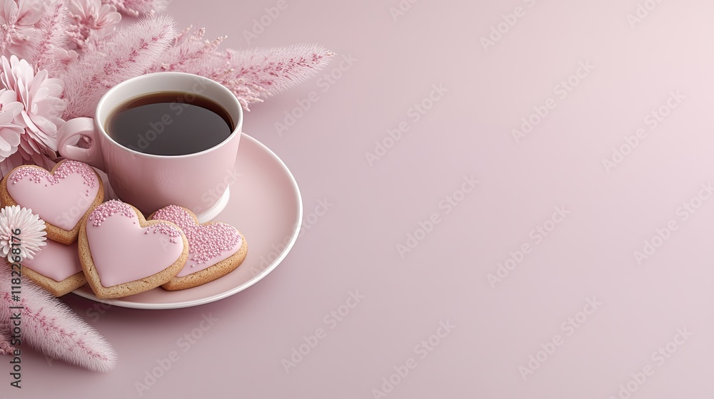 Sweet heart-shaped cookies with pink icing and steaming coffee create the perfect ambiance for Valentine's Day delights. Sweet heart-shaped cookies with pink icing and steaming coffee create the perfect ambiance for Valentine's Day delights.