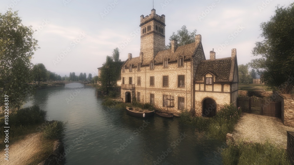 Picturesque Canal-Side Manor House with Boats Picturesque Canal-Side Manor House with Boats