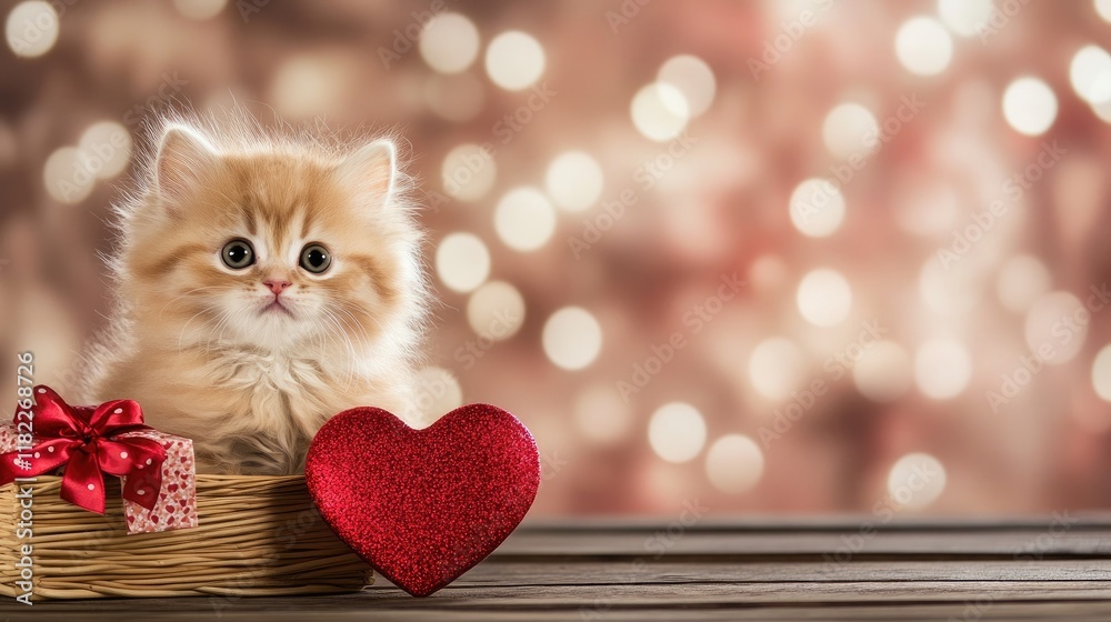 Cute fluffy kitten in a basket next to a heart-shaped gift box on Valentine's Day with a charming bokeh backdrop. Cute fluffy kitten in a basket next to a heart-shaped gift box on Valentine's Day with a charming bokeh backdrop.