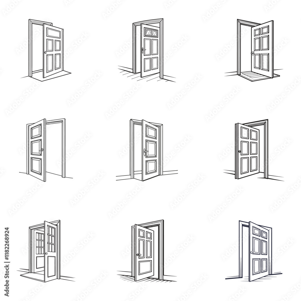 An open door icon in line art style isolated An open door icon in line art style isolated