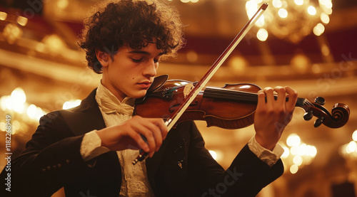 A focused young violinist performs on stage under warm glowing lights. The close-up highlights his concentration and the craftsmanship of the wooden violin, set in a concert hall atmosphere.