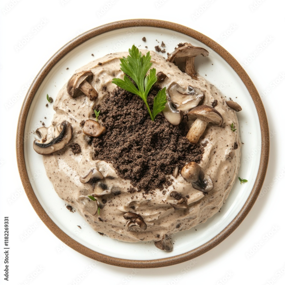 A delightful plate showcases creamy mushroom puree, beautifully topped with earthy crumbs and fresh mushroom slices. The elegant presentation stands out against a pure white background A delightful plate showcases creamy mushroom puree, beautifully topped with earthy crumbs and fresh mushroom slices. The elegant presentation stands out against a pure white background