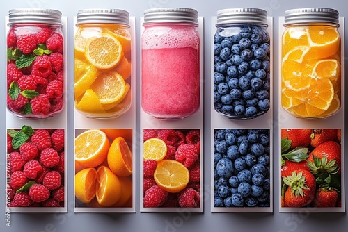 Colorful fruit arrangements in jars and fresh produce displayed for promotional use photo